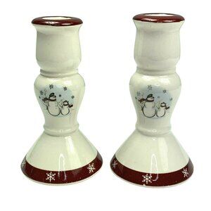 Royal Seasons Stoneware Snowman Candlesticks Taper Candle Holders Red Winter